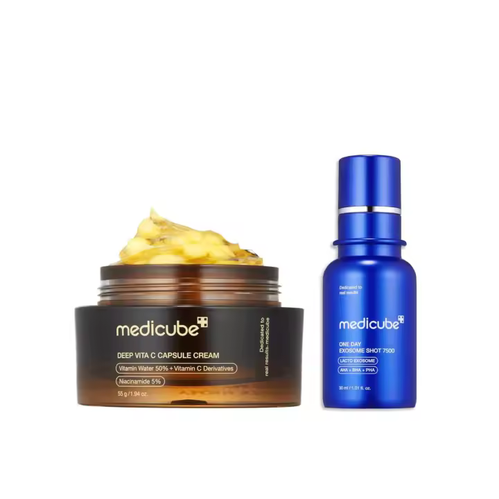 medicube Flawless Skin: Hidratante facial en cápsula dorada con vitamina C profunda y suero facial con espinulina de 7500 ppm con inyección de exosomas cero - 1
