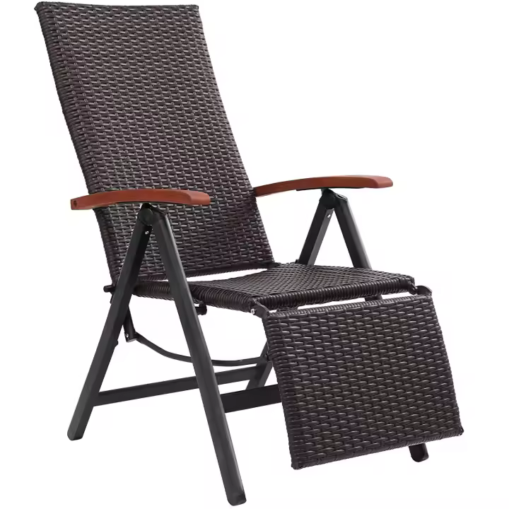 Silla de jardín, tumbona ajustable de ratán de 7 niveles con reposabrazos anchos, estructura de aluminio, adecuada para jardín, patio, playa - 1