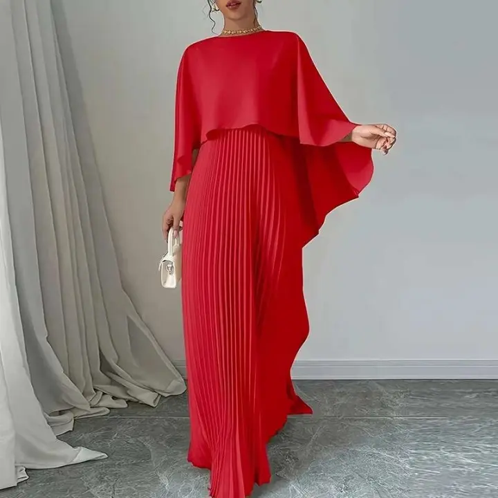 Nueva primavera elegante cuello redondo Vestidos plisados ​​mujeres Casual sólido suelto largo otoño capa mangas volantes Maxi vestido Vestidos - 1