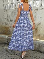 Vestido de playa informal con tirantes para mujer, estampado azul y blanco, lazo con abertura lateral, cintura elástica, verano - details 3