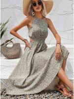 Vestido sin mangas con cintura hueca, estampado floral, elegante, cuello semialto - details 10
