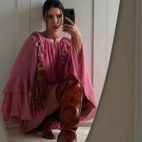 Vestido largo Irregular de gasa con volantes y escote en V profundo para mujer, Vestido holgado liso con mangas abullonadas elegantes, Vestido de calle alta para mujer 2025 - details 8