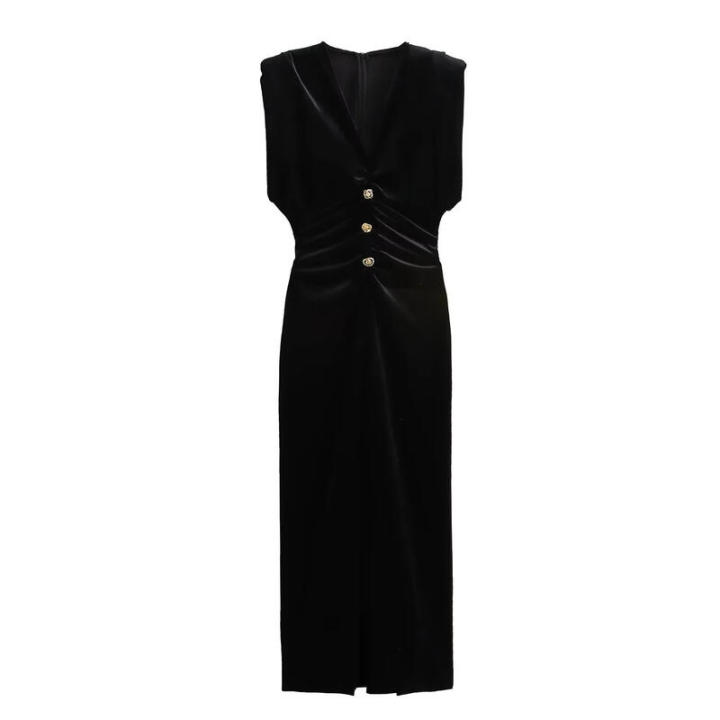 BUNO-Vestido Midi de terciopelo elegante para mujer, vestido Sexy plisado con cuello de pico y una hilera de botones, vestidos de fiesta para mujer, bata ajustada sin mangas con abertura para mujer 2025