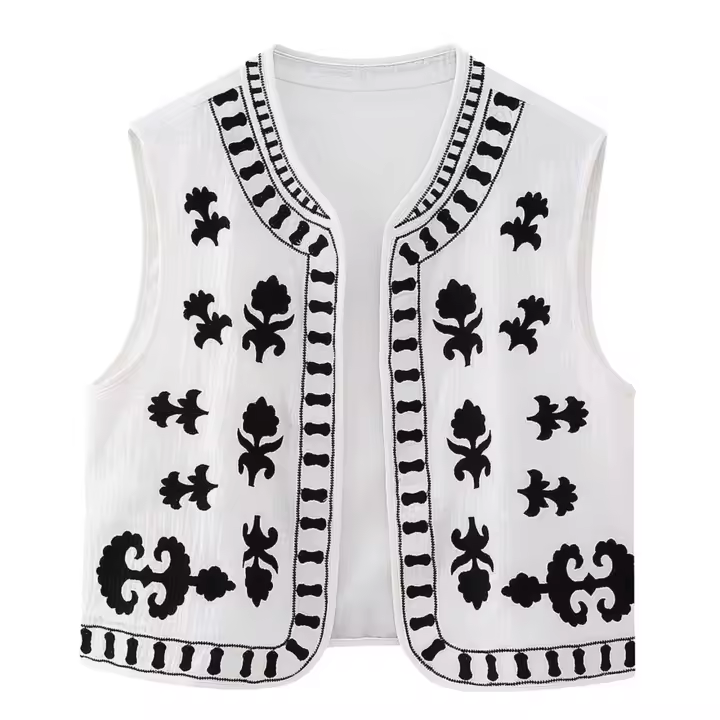 Bordado floral para mujer, chaleco corto con cuello en V, ropa sual, tops elegantes, primavera y verano - 1