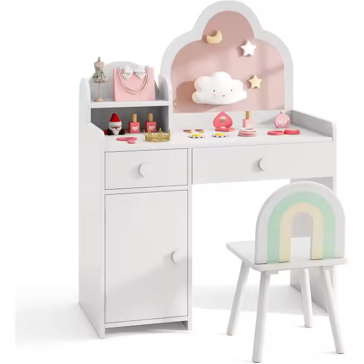 Tocador Niña Tocador de Maquillaje en Forma de Nube con Espejo Estante Abierto, Cajones y Armario Cerrado Patas de Madera, Juego de Mesa y Silla de Princesa para Niñas de 3-7 Años - 1