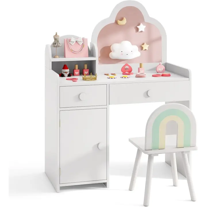 Tocador Niña Tocador de Maquillaje en Forma de Nube con Espejo Estante Abierto, Cajones y Armario Cerrado Patas de Madera, Juego de Mesa y Silla de Princesa para Niñas de 3-7 Años - 1
