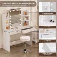 Mueble Tocador Moderno Blanco Espejo con Luz Regulable Mesa de Maquillaje con Taburete de Altura Ajustable 108x40 cm Diseño de Cajones y Estantes - details 3