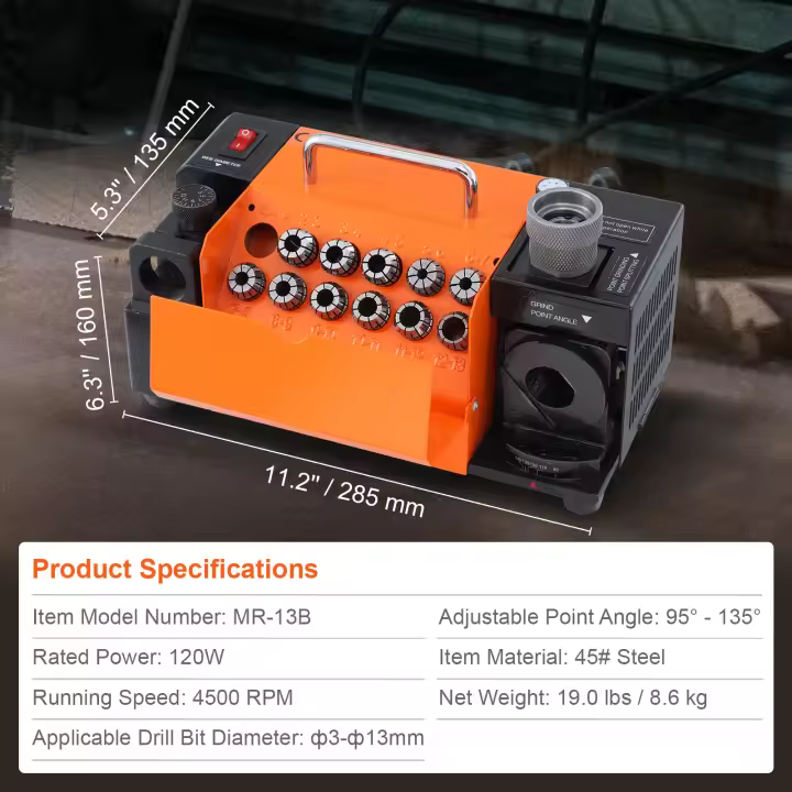 SucceBuy Afilador de brocas, núcleo MR-13A de 3-13 mm, ajustable 95 ° -135 °   Ángulo, amoladora portátil, pinzas, rueda CBN y SDC - 1