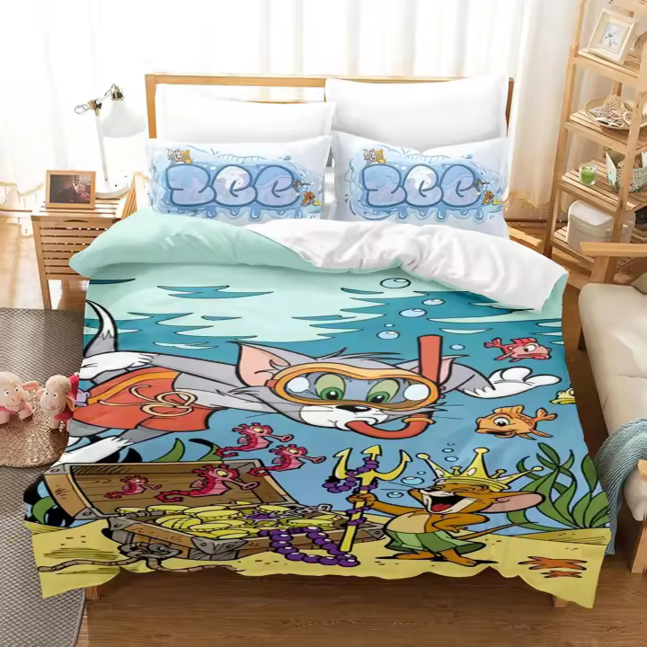 Juego de Ropa de Cama de Animación de Dibujos Animados de Tom y Jerry 100% Poliéster, Tamaño Rey, Estampado 3D para Dormitorio de Niños - 1