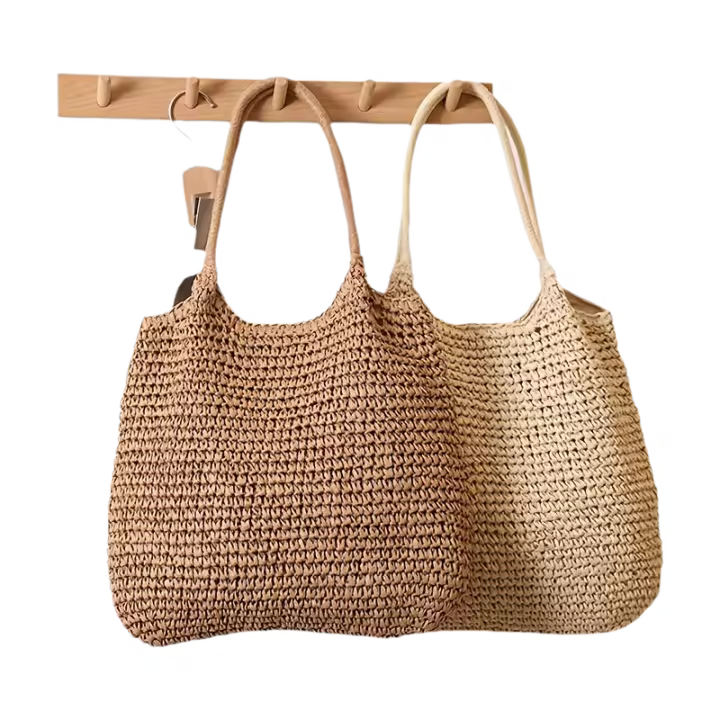 Bolsa de mano tejida de capacidad, estilo informal de vacaciones con correas de hombro fijas, cierre de cremallera, forro de poliéster, color sólido, ideal para viajes al aire libre, camping, compras diarias y almacenamiento - 1