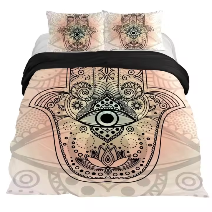 Juego de Fundas de Edredón de Mano de Hamsa Dorada Tamaño Rey/Reina Estampado de Mano de Fátima Lúdica Ropa de Cama Bohemia 2 Fundas de Almohada - 1