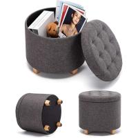 almacenamiento de lino acolchada redonda de 45 cm, taburete puf con almacenamiento (beige) - details 34