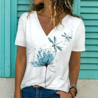Camiseta de Manga Corta con Cuello en V Moda Blanca para Mujeres Estampado 3D de Lavanda - details 27