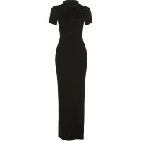 BUNO-Vestido largo de oficina para mujer, de manga corta con cuello vuelto traje elegante, abertura lateral y botón, moldeador de cuerpo, moda de calle - details 22