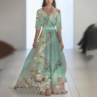 2025 Nueva ropa de mujer, vestido largo estampado con cuello con cuentas, azul - details 18