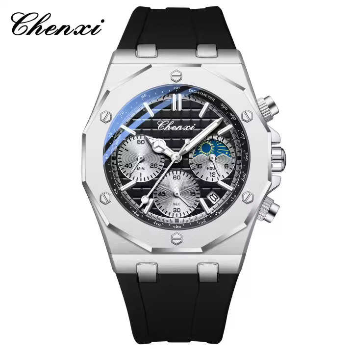 Reloj multifuncional para hombre, tres ojos, seis pines, calendario, silicona, impermeable, cuarzo. - 1