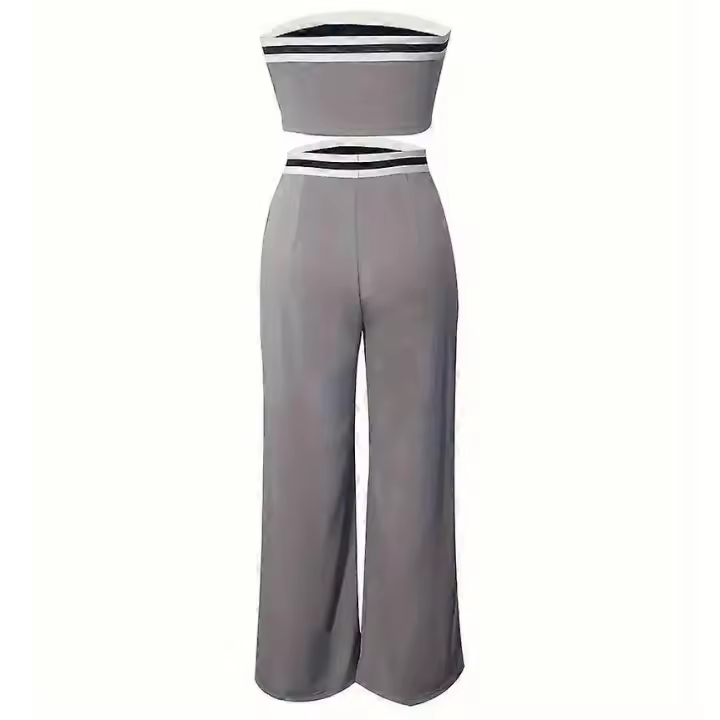 Conjunto informal de 2 piezas para mujer, top de tubo corto y pantalones de pierna ancha de cintura alta, BSSM - 1