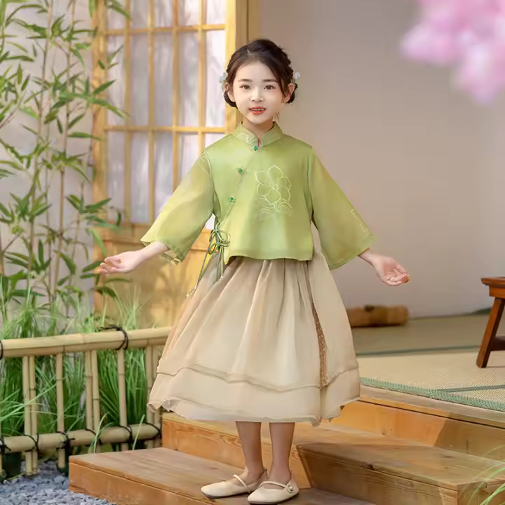 Conjunto de dos piezas de Hanfu chino para niñas, disfraz de jardín elegante y moderno estilo Tang para actuación del Día del Niño - 1