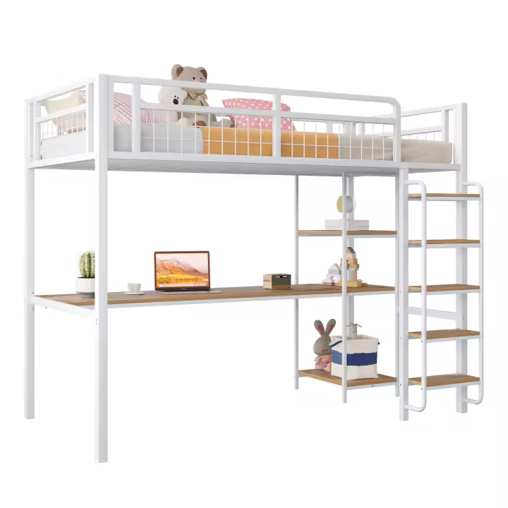 Cama alta de metal, 90*200 cm (sin colchón), escalera de seguridad con peldaños, cama individual, cama infantil con mesa y estantes, valla de seguridad de malla metálica, blanco - 1