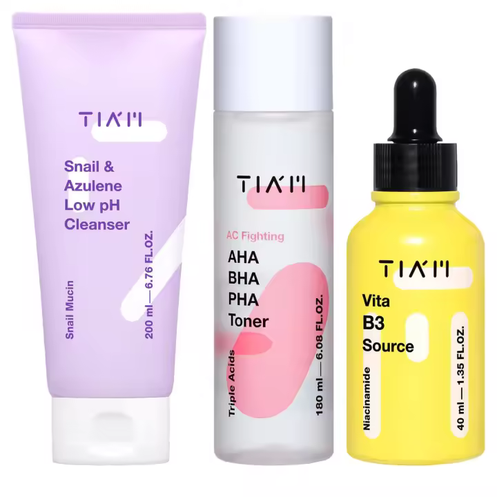 TIAM Clear Glow Trio: limpiador de bajo pH de caracol y azuleno, tónico AC Fighting AHA BHA PHA y fuente de Vita B3, juego coreano para el cuidado de la piel - 1