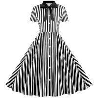 Polka dot print women summer short sleeve striped bow elegant vintage 50s party dress - details 20