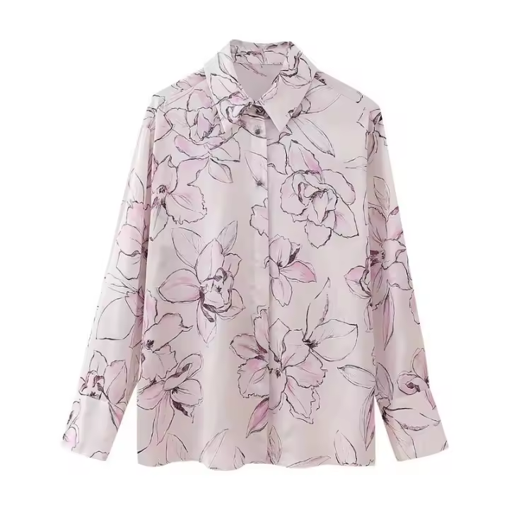 BUNO-blusa de satén para mujer, Tops con estampado Floral, cuello vuelto, camisa de una sola botonadura, camisas holgadas elegantes de manga larga a la moda - 1