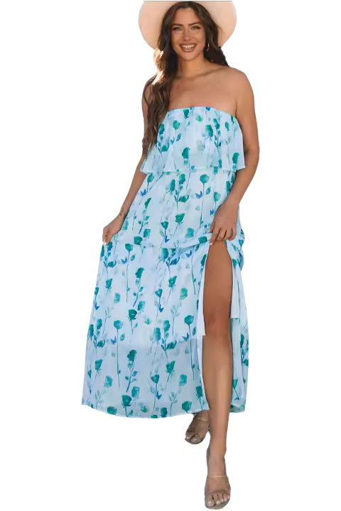 Elrachen Vestido largo con estampado floral y abertura lateral con volantes para mujer, verde, tallas S-XL - 1