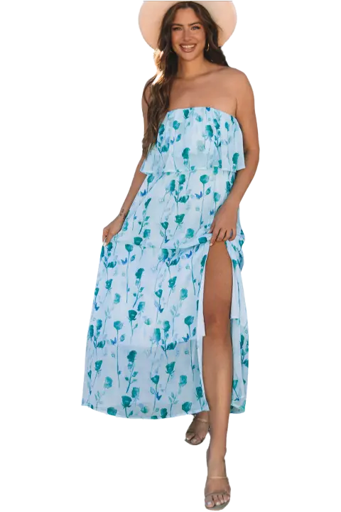Elrachen Vestido largo con estampado floral y abertura lateral con volantes para mujer, verde, tallas S-XL - 1