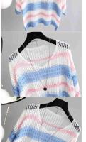 Blusas caladas coloridas de media manga para mujer, camisa de punto de seda de hielo a rayas, jersey holgado de estilo Retro, camisetas sin mangas ligeras - details 3