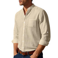 Camisa de lino de primavera y otoño, manga larga, cuello alto, transpirable, pegatina informal, camisa de bolsillo, hombres - details 2