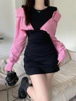Vestido de manga larga de dos piezas falso empalmado, falda corta ajustada con hombros descubiertos y nicho de otoño - details 7