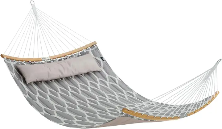Hamaca de Bambú con Barras Separadoras Curvas Desmontables, Almohada, 200 x 140 cm, Carga 225 kg, Gris y Beige - 1