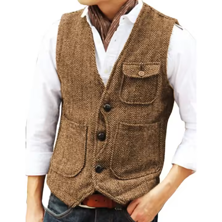 Chaleco de hombre marrón de lana en espiga Tweed con cuello en V, chaleco de herramientas Retro de un solo pecho, chaleco de negocios para caballero para boda - 1