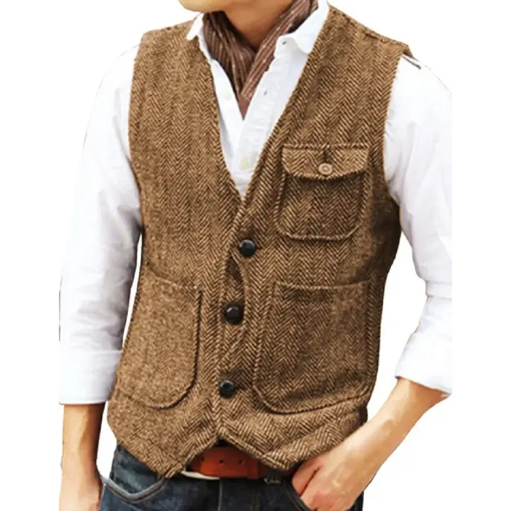 Chaleco de hombre marrón de lana en espiga Tweed con cuello en V, chaleco de herramientas Retro de un solo pecho, chaleco de negocios para caballero para boda - 1