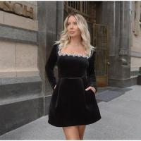 Minivestido negro de terciopelo con decoración de diamantes de imitación para mujer, elegante vestido de fiesta de noche con cuello cuadrado y manga larga y cintura alta - details 18