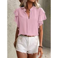 Jersey Elegante De Color Rojo Rosa Para Mujer, Blusa Informal Con Cuello En V Y Mangas Con Volantes De Doble Capa, Top De Color Sólido - details 8