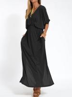 Vestido de verano nuevo de moda de color sólido con cintura alta y cuello en V dividido. - details 7