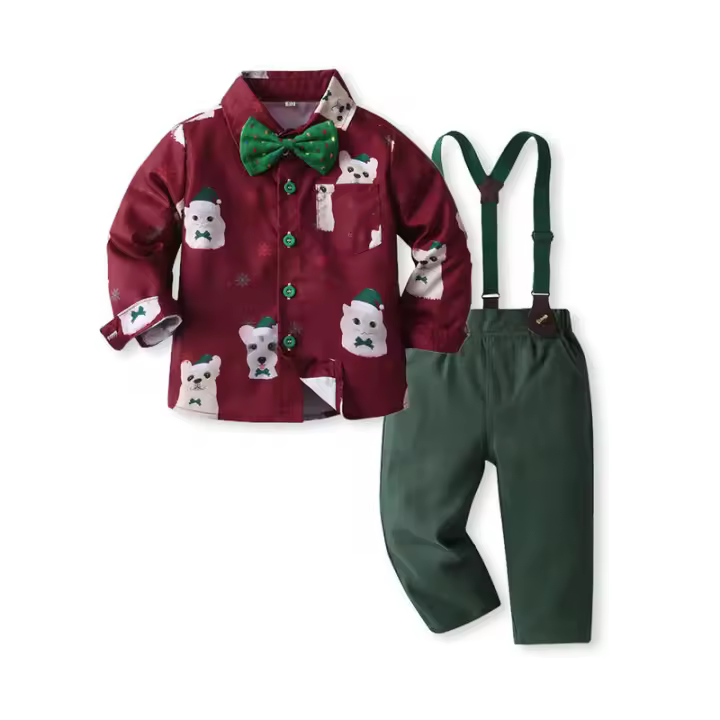Camisa de algodón de caballero con cuello vuelto y manga larga con estampado Animal, pantalones con tirantes, traje Formal de dos piezas para niños - 1