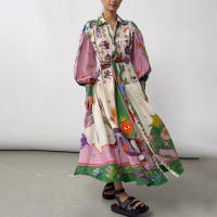 Vestido de swing grande de manga larga con cintura atada y cuello en V estampado personalizado informal para mujer 2025 - details 5