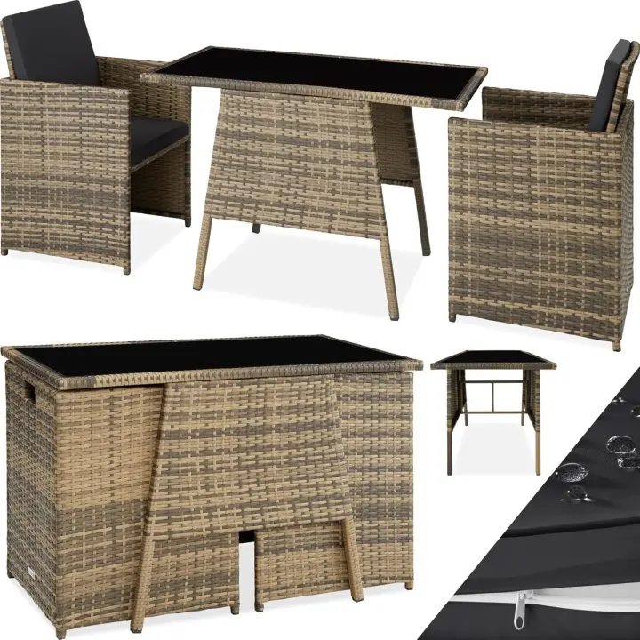Conjunto de Exteriores de Aluminio Resistente a la Intemperie 2 Sillas con Almohadillas, Mesa de Cristal, Apilable, Fundas Extraíbles - 1