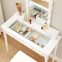 Mesa Tocador, Mesa Maquillaje con Taburete Tapizado, Espejo, 10 Bombillas Regulables Iluminación, 2 Cajones Grandes con Tablero Vidrio Templado, 2 Cajones Pequeños, Blanco - details 3