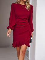 Vestido corto elegante para mujer, prenda informal con volantes, manga abullonada, color negro, sencillo e Irregular, novedad de otoño, 2023 - details 9