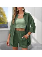 Novedad de verano, camisa de manga de 7 de Color sólido, pantalones cortos, conjunto de 2 piezas de pantalones cortos informales sueltos simples a la moda para vacaciones en la playa, traje de mujer - details 3