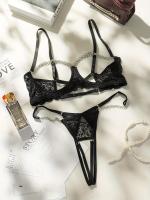 Conjunto de lencería de encaje floral erótico, sujetador abierto transparente y tanga con cadena, lencería sexy y ropa interior - details 8