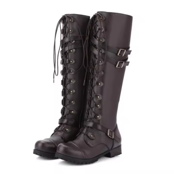 Botas de cuero con punta redonda y hebilla para mujer, botas planas con remaches y cordones, botas altas de caballero, otoño e invierno - 1