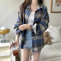 Camisa de tartán de manga larga con cuello y botones para mujer, camisa a cuadros de gran tamaño, chaqueta de franela, traje Grunge para adolescente, primavera y verano - details 8