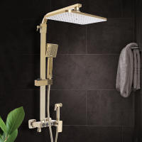Sistema de ducha de lluvia dorado moderno, juego de ducha montado en la pared con cabezal de ducha de 9x9 pulgadas y ducha de mano de latón - details 2