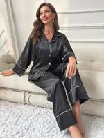 Ropa de dormir de satén de seda, pantalones con cuello ranurado, conjunto de camisón de 2 piezas, Tre y otra ropa informal para mujer - details 2