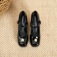 Zapatos de punta cuadrada con tacón grueso y tacón alto plano con hebilla de flor pequeña - details 25