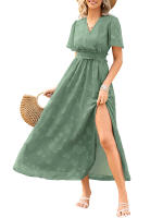 Vestido Maxi de Verano Elegante Cuello en V, Manga Abullonada, Cintura Alta, Encaje, Vestido de Moda para Mujeres con Abertura de Rodilla - details 7
